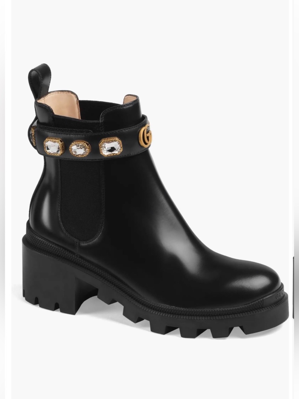 Black Ankle Gucci Boots with Gold Gem Strap